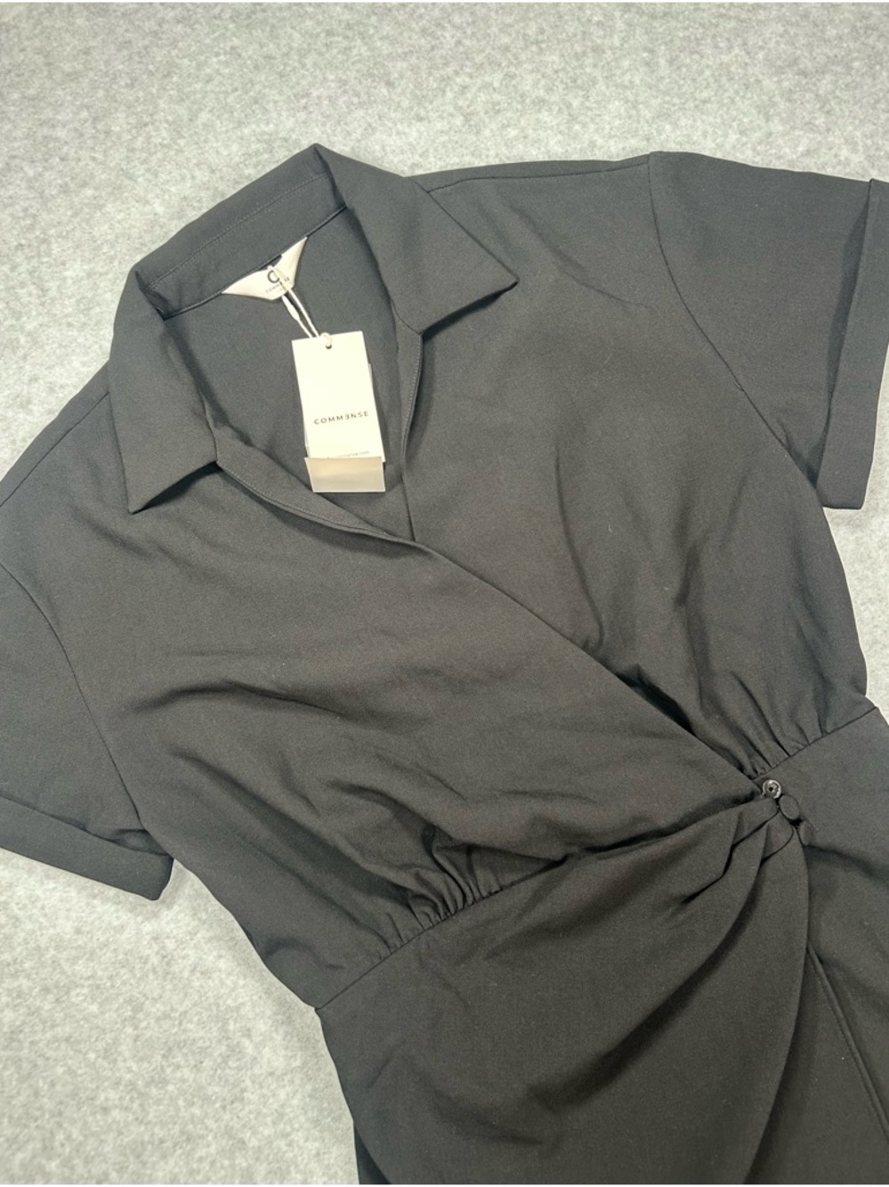 Commense Black Collared Wrap Front Mini Dress NWT Missing Button Top